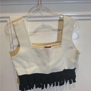 STAUD White Crop Top with Black Fringe